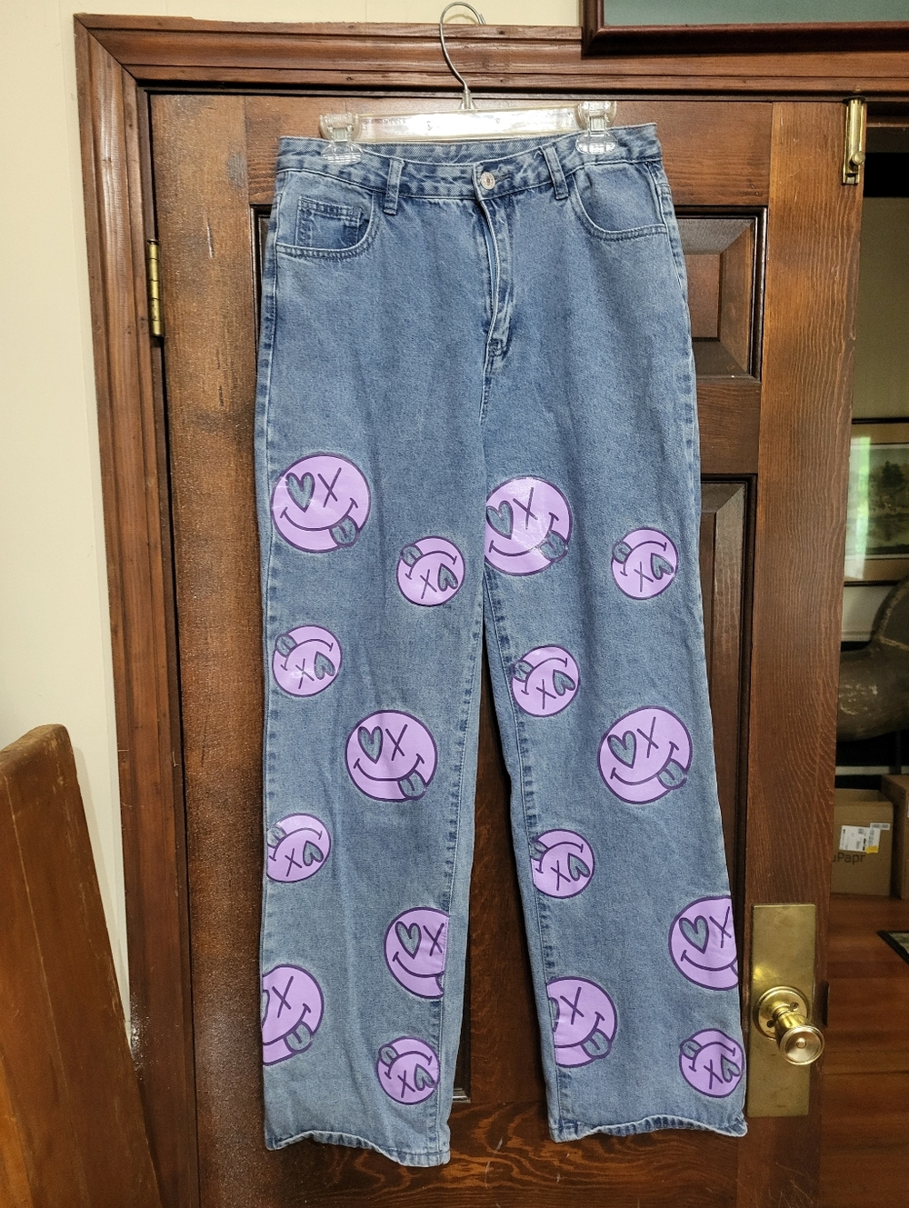 Shein Denim Jeans with Purple Smiley Face Art